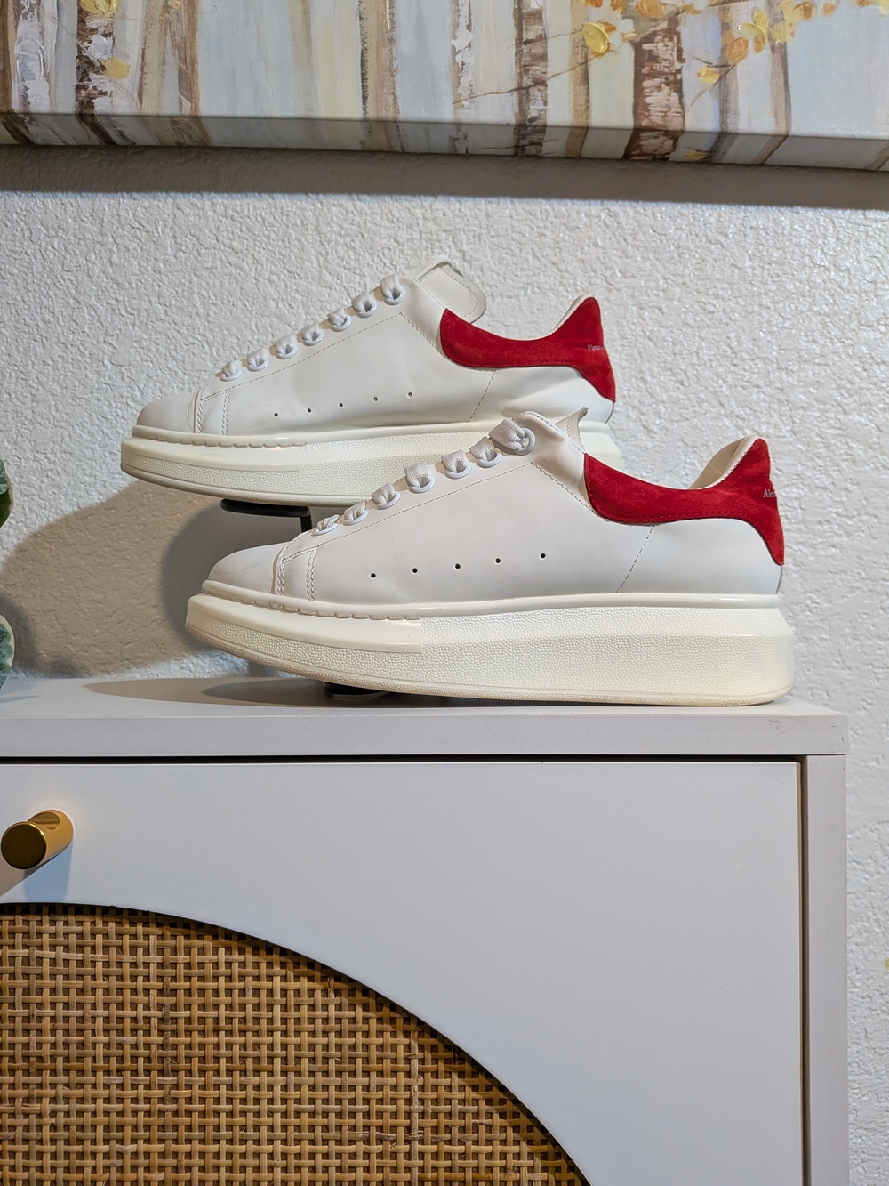 Alexander McQueen White Leather Platform Sneakers with Red Heel Tab